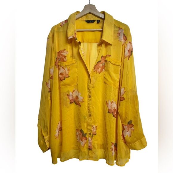 G by Giuliana Yellow Floral Button Front Sheer Blouse 2X - Picture 1 of 6